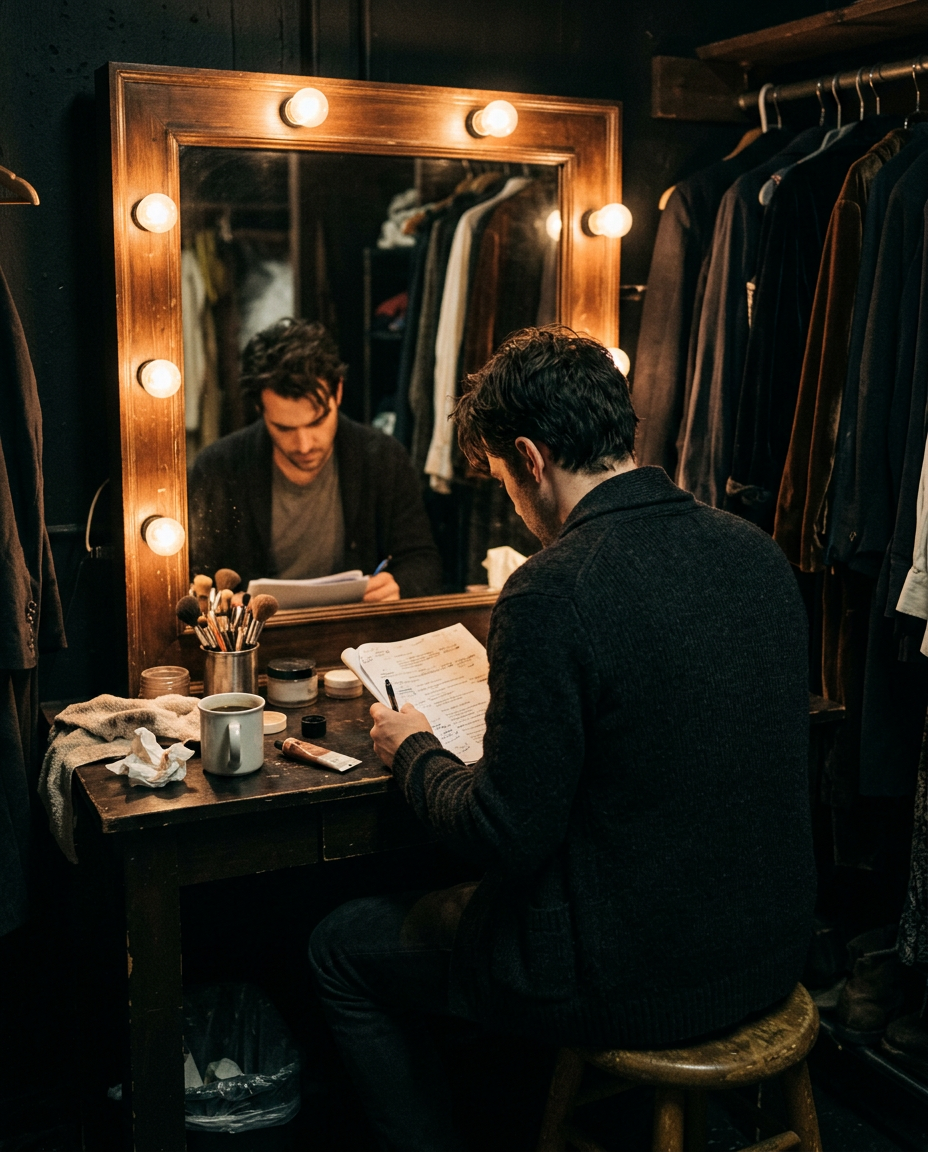 Un miroir de loge éclairé, dans les coulisses d'un théâtre.